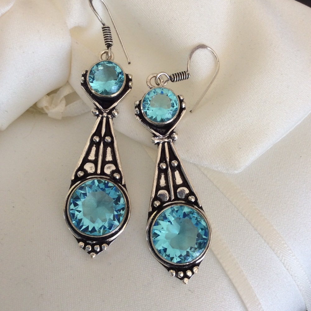 New Sterling Silver Beautiful London Blue Topaz Dangle Earrings 2.3”